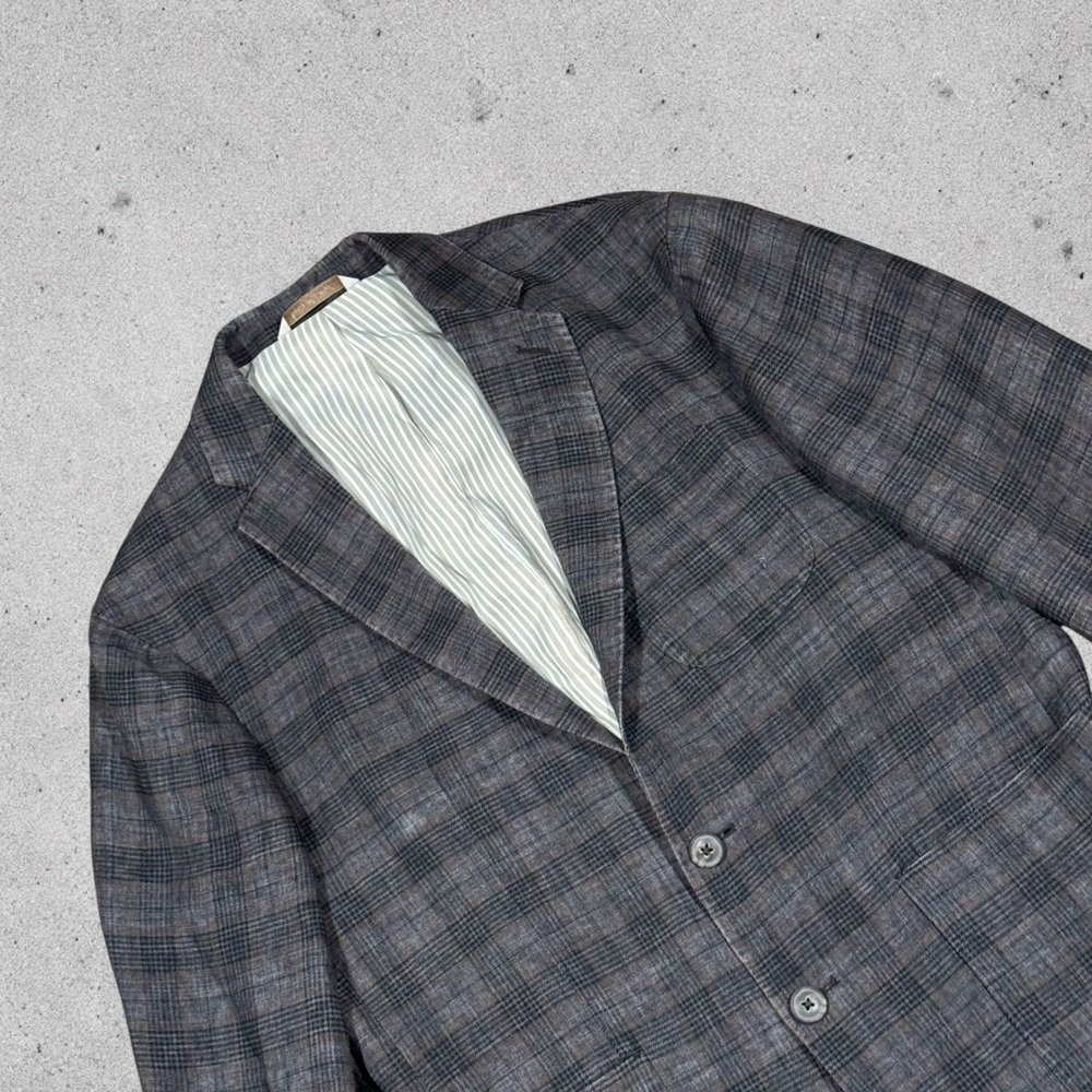 Banana Republic Heritage Collection Linen Blazer 38S Black Brown Plaid 168913-00
